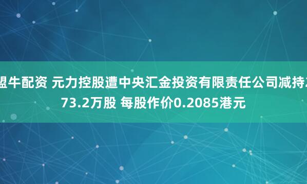 盟牛配资 元力控股遭中央汇金投资有限责任公司减持273.2万股 每股作价0.2085港元